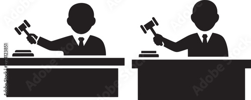 Two judge silhouettes with gavels and desks icon set, representing legal proceedings and court decisions.