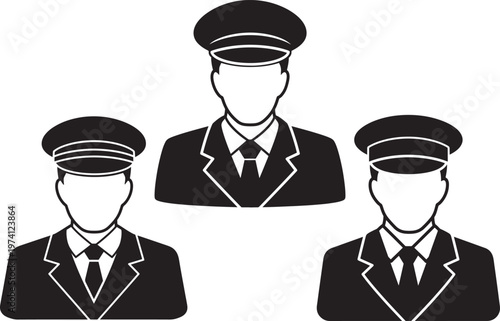 Group of three men in uniform wearing caps and suits illustration.
