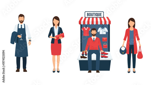 Retail and Shopping Vector Set: Boutique Owner, Shoppers & Sales Assistant Flat Illustrations