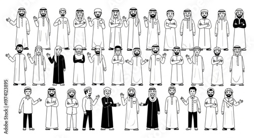 Diverse group of people in traditional attire, standing together in a line.