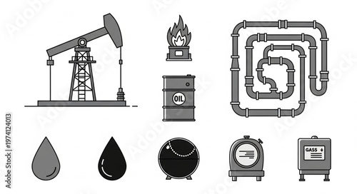 Oil Industry Icons - Pumpjack, Flame, Barrel, Pipes, Drops, and Tanks.