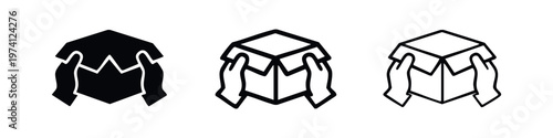 Hands opening box icon set for delivery, unboxing, and package receipt.