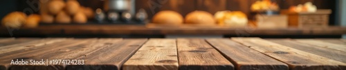 Empty rustic wooden table, blurred bakery bokeh background, texture, brown, interior
