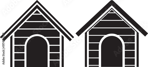 Two black silhouette dog houses with arched doorways and striped sides for pets.