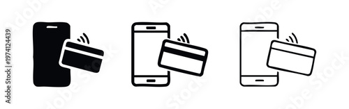 Contactless payment icon set. NFC enabled smartphone and credit card symbol. Wireless transaction concept vector illustration.