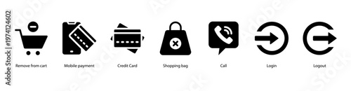 Online Transactions web banner illustration featuring Remove from Cart, Mobile Payment, Credit Card, Shopping Bag, Call, Login, and Logout.