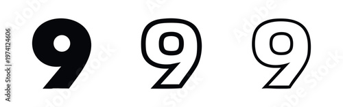 Number 9 icon set in solid and outline variations, a versatile design element for counting and mathematics.