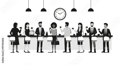 Diverse group of people enjoying drinks at a modern bar counter.