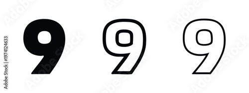 Digit nine symbol in solid and outline variations, ideal for numerical representation and user interface design.