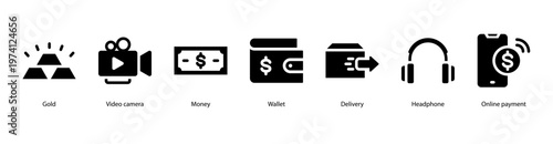 Digital Payment and Delivery web banner icon vector illustration featuring Gold, Video Camera, Money, Wallet, Delivery, Headphone, and Online Payment.