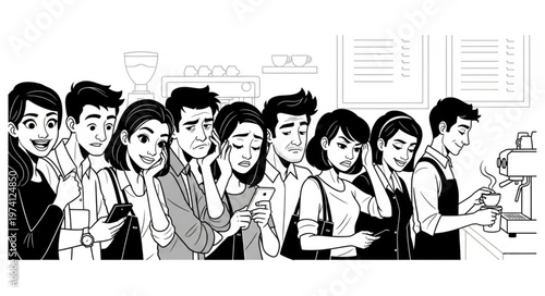 Diverse group of people in a queue, some looking at phones.