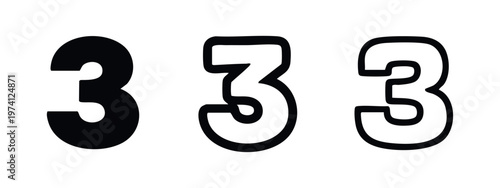 Collection of number 3 icons in solid, bold outline, and thin outline styles, perfect for design elements.