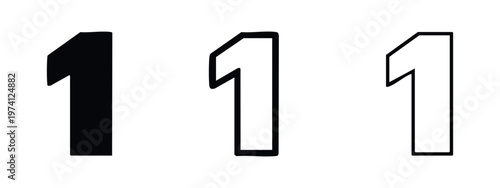 Set of number 1 icons displaying solid, bold outline, and thin line versions, vector graphic on white.