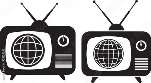 Vintage television silhouette icon showing globe, retro broadcast and communication symbol.
