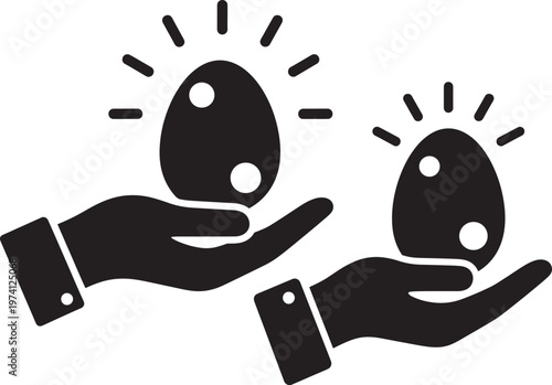 Hands holding glowing egg icon, concept of valuable idea, carefulness and nurturing innovation.