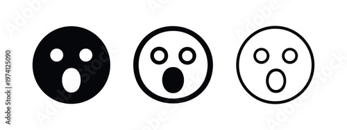 Surprised or shocked face emoji icons set. Expressive cartoon face with open mouth and wide eyes. Vector illustration.