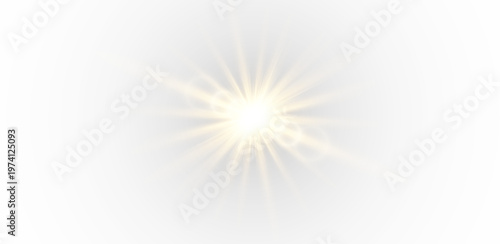 Bright golden starburst light effect on white background, glowing sun rays flare