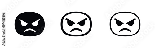 Angry or mad face emoji icons set. Furious and grumpy cartoon face with furrowed brows. Vector illustration.