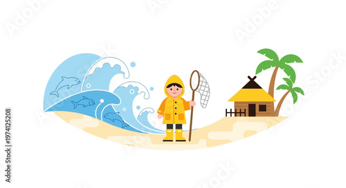 Boy with net near ocean and hut illustration on transparent background silhouette