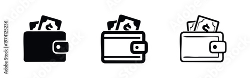 Wallet with money icons set. Financial and payment symbols. Vector illustration.