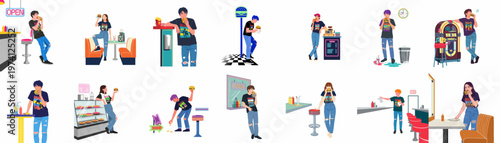 Set of diverse vector illustrations featuring young people enjoying burgers and snacks in a classic American retro diner atmosphere.