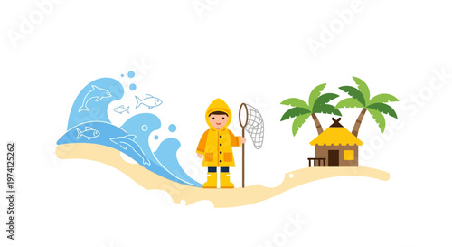 Child catching butterflies near a beach hut on transparent background silhouette