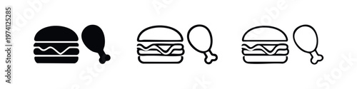 Hamburger and chicken drumstick icons set. Fast food and restaurant symbols. Vector illustration.