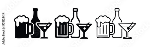 Beer, Bottle, and Cocktail Glass Icons Set - Alcoholic Beverages Assortment