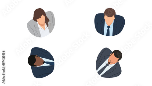 Overhead view of diverse business professionals in suits, corporate team avatars and icons