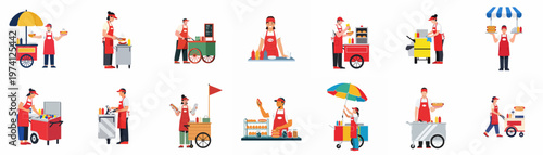 Collection of flat vector illustrations featuring diverse hot dog vendors working at mobile carts and stalls, selling street food and snacks.