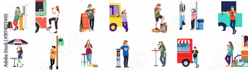 Collection of diverse young people enjoying burgers in various outdoor street food settings, featuring food trucks and kiosks in a flat vector style.