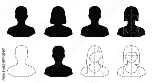 Collection of eight diverse profile silhouettes depicting human heads and shoulders