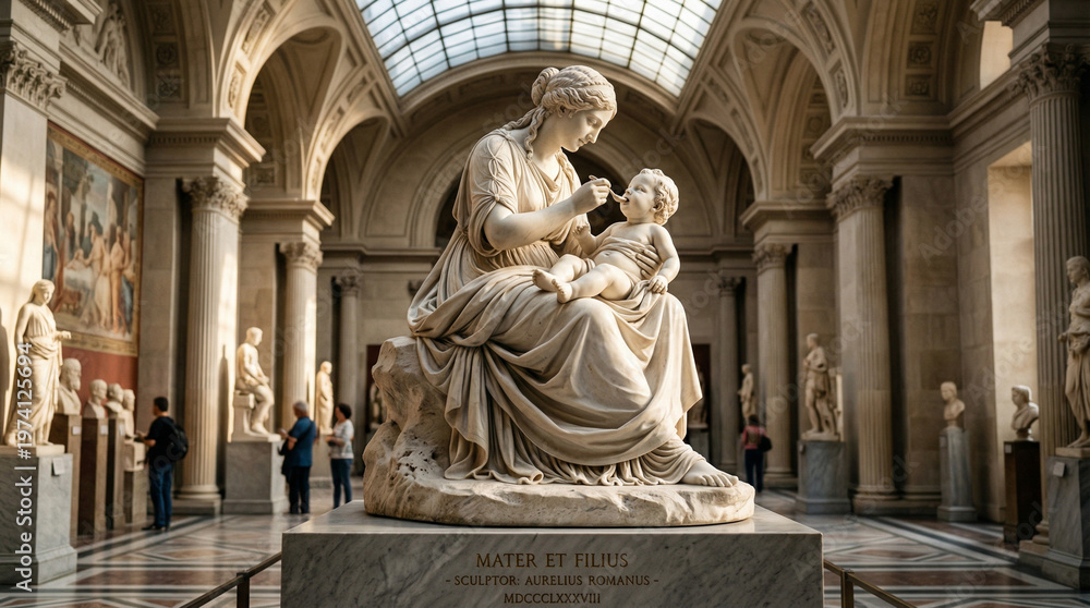 Fototapeta premium Marble Sculpture Mother Feeding Child Museum Art