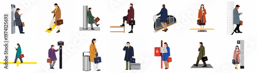 Flat vector illustration set of diverse commuters in stylish coats waiting at a metro or train station, carrying briefcases and using smartphones.