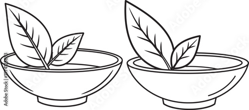 Two line art icons of small bowls with leaves, symbolizing natural ingredients or spa treatment.