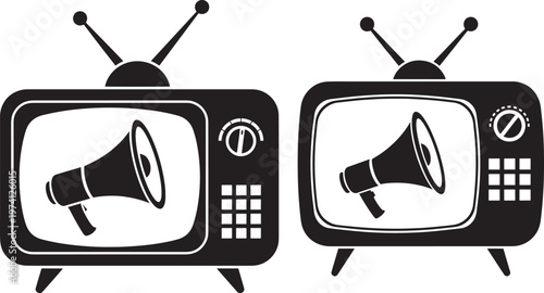 Silhouette icon of vintage television broadcasting a megaphone symbol for announcement and communication.