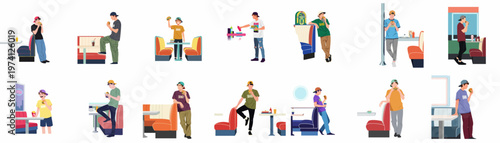 Collection of flat vector illustrations featuring teenage boys enjoying fast food and burgers in a classic retro diner setting.