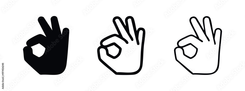 Obraz premium OK hand sign icon set in filled, bold outline, and thin outline styles indicating satisfaction.