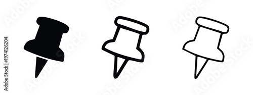 Pushpin icon set with filled, bold, and outline styles for office and notes on a white background.
