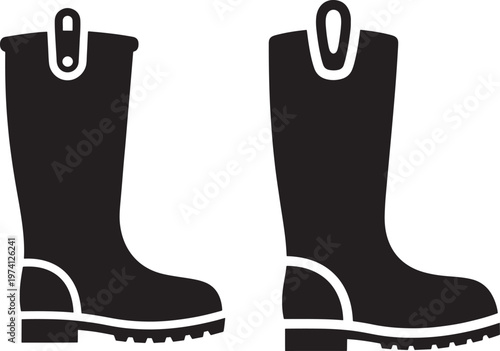 Pair of tall black rain boots with white trim, symbolizing footwear for wet weather protection.