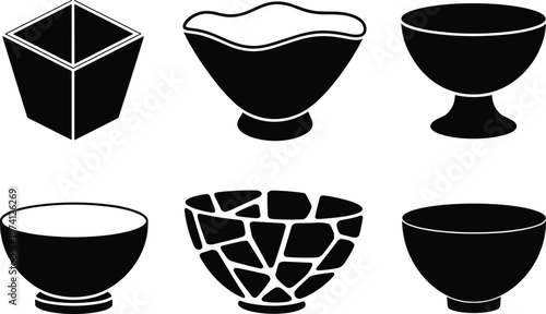 Set of six black silhouette bowl icons with diverse shapes, mosaic patterns, round designs, symbolizing kitchenware, dining, food serving and artistic product comparison