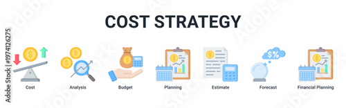 Cost Strategy web banner icon vector illustration with icons of Cost,Analysis,Budget,Planning,Estimate,Forecast and Financial Planning