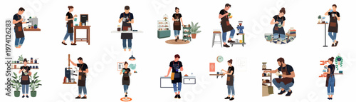 Collection of baristas and coffee shop staff illustrations showing various aspects of professional coffee preparation and service in a modern cafe setting.