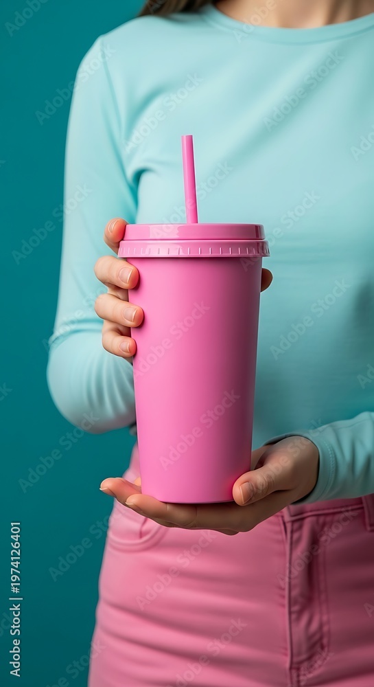 Obraz premium Woman holding a pink tumbler with a straw in light blue and pink outfit