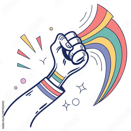 Powerful fist clutching rainbow ribbon representing unity pride and celebration with sparkling decorative elements and vibrant celebratory background.