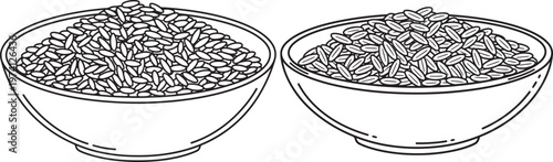 Two outline icons of bowls filled with rice grains on white background, food concept.