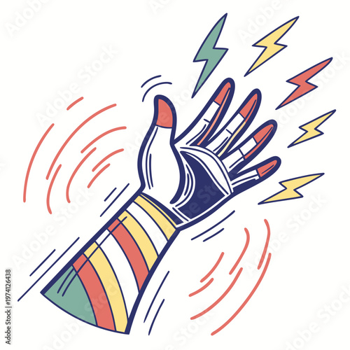 Abstract patterned hand with lightning bolts flat vector illustration, symbolizing creativity, unique power, and artistic energy.