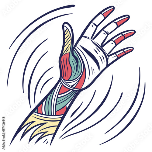 Stylized human hand with visible muscles flat vector illustration, representing anatomy, strength, and biological complexity.