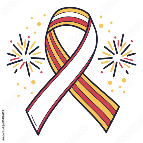 Striped yellow and red awareness ribbon with celebratory sparks representing triumph over adversity and health campaign milestones in vector graphics.