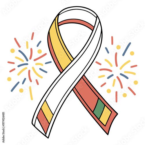 Colorful striped awareness ribbon with firework starburst background for celebrating recovery milestones and success in medical health support efforts.